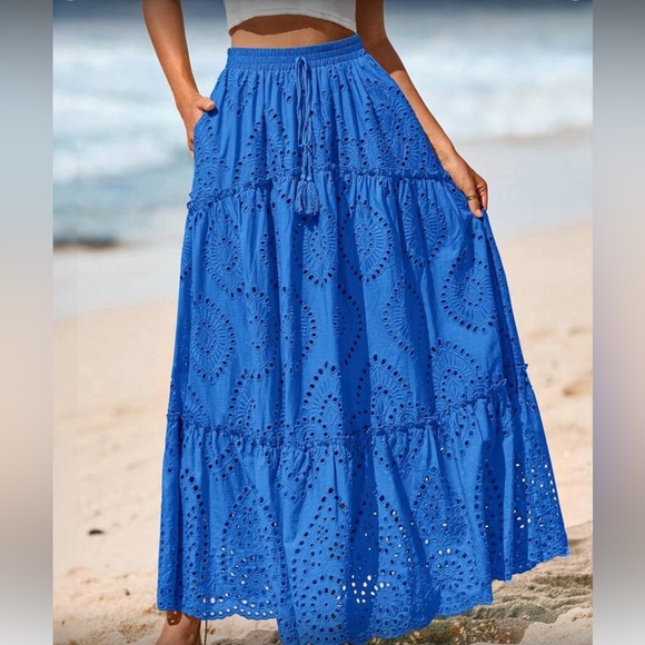 Dresses & Skirts - Elegant Cotton Blue Eyelet Maxi Skirt with Maxi Skirt